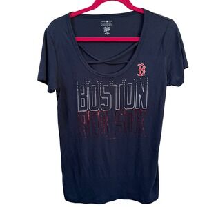 Boston Red Sox MLB Campus Lifestyle‎ Womens Navy Blue Tee Shirt Sz M Criss Cross